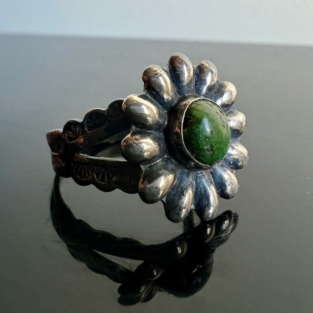 Native American silver and turquoise flower ring, stamped, adjustable